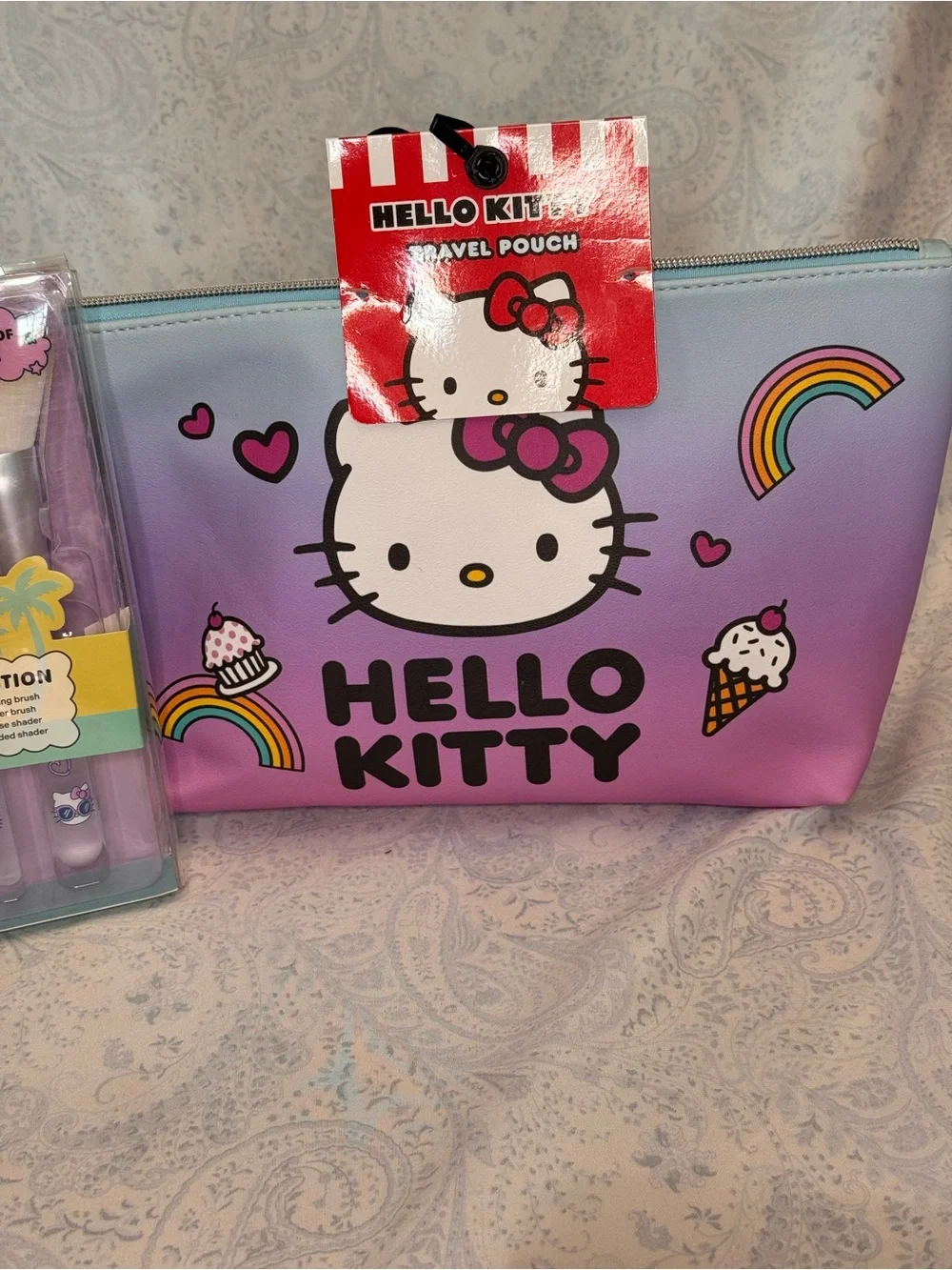 Hello Kitty Purple to Blue Ombre Cosmetic Pouch with Pink Brush Set of 8
